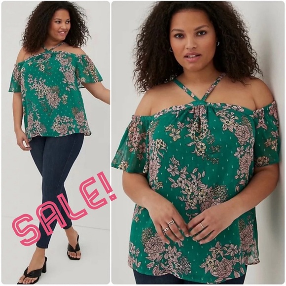Torrid Cold Shoulder Halter Top Crinkle Chiffon Floral Green Plus Size 3X 3 NWT - Picture 1 of 15